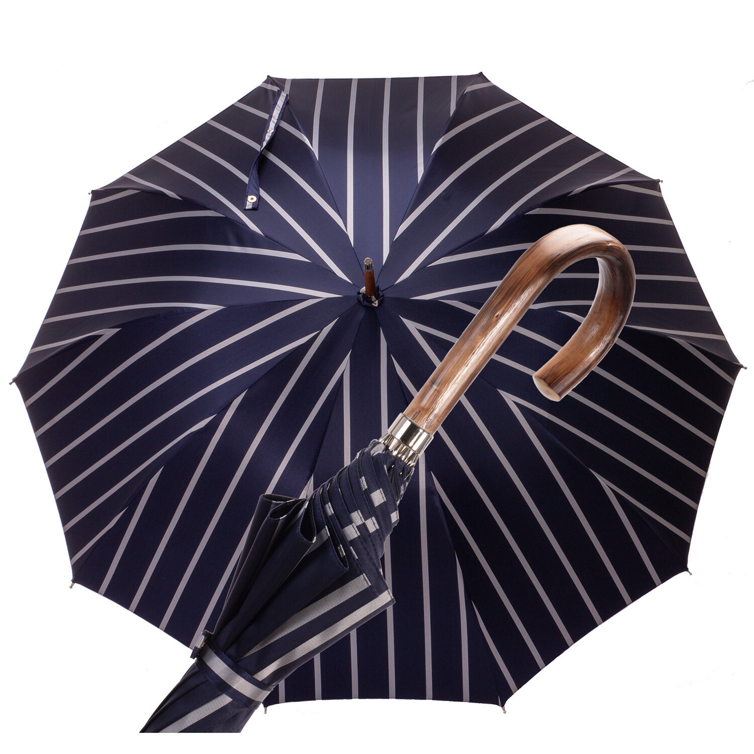  Ombrello automatico rigato blu impugnatura castano