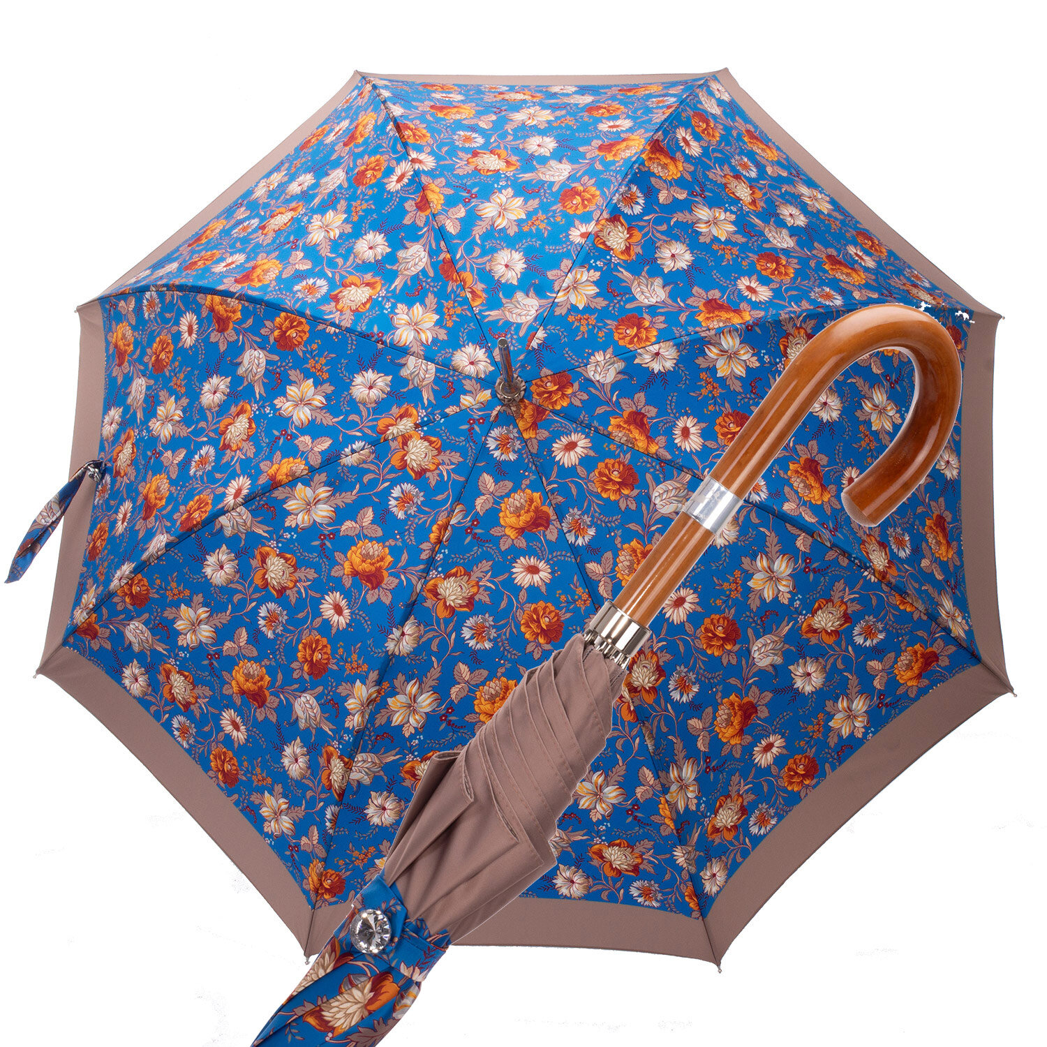 Ombrello Donna Automatico fiori  arancio sfondo avio