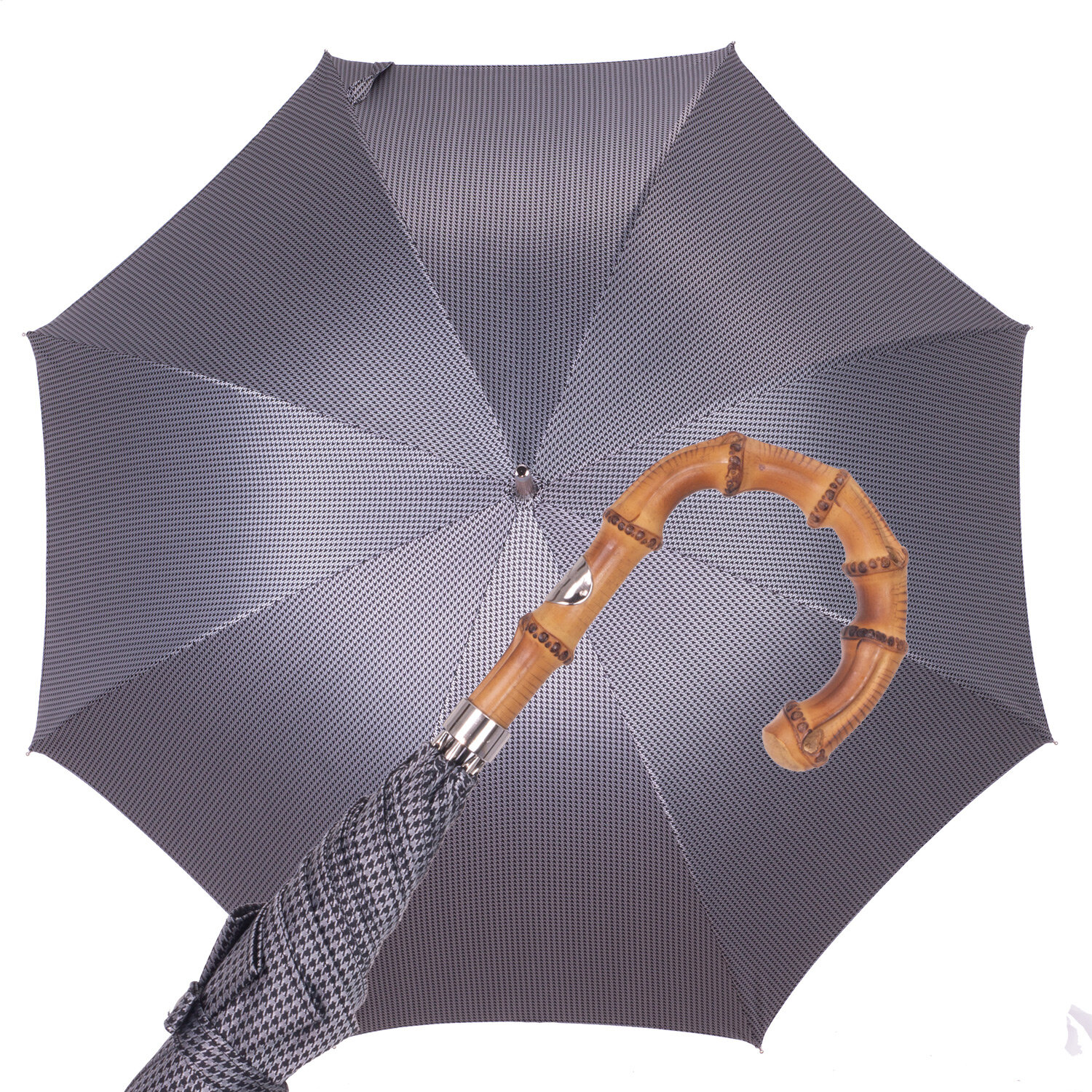 Slim umbrella with black houndstooth and bamboo handle