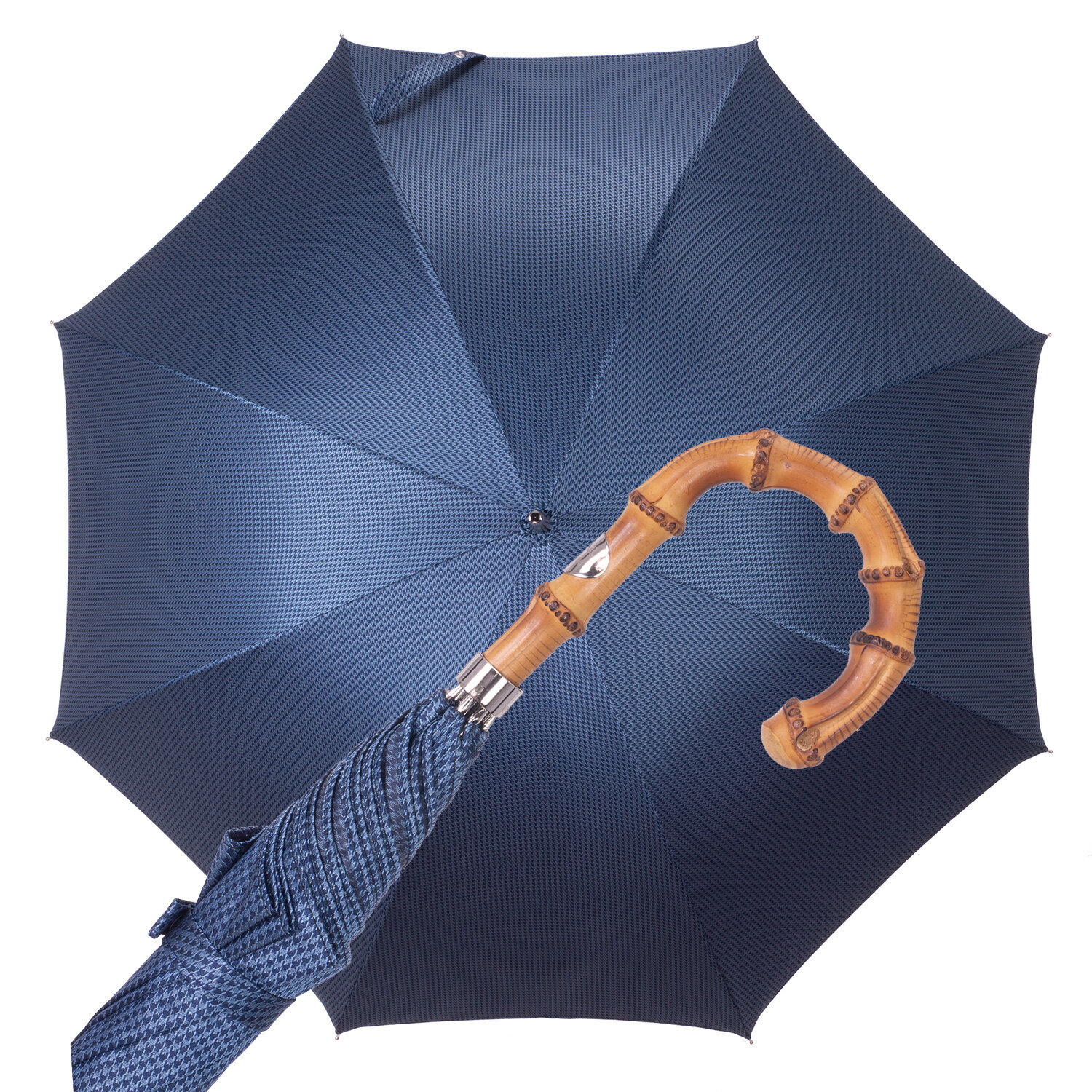 Slim umbrella with blue houndstooth and bamboo handle