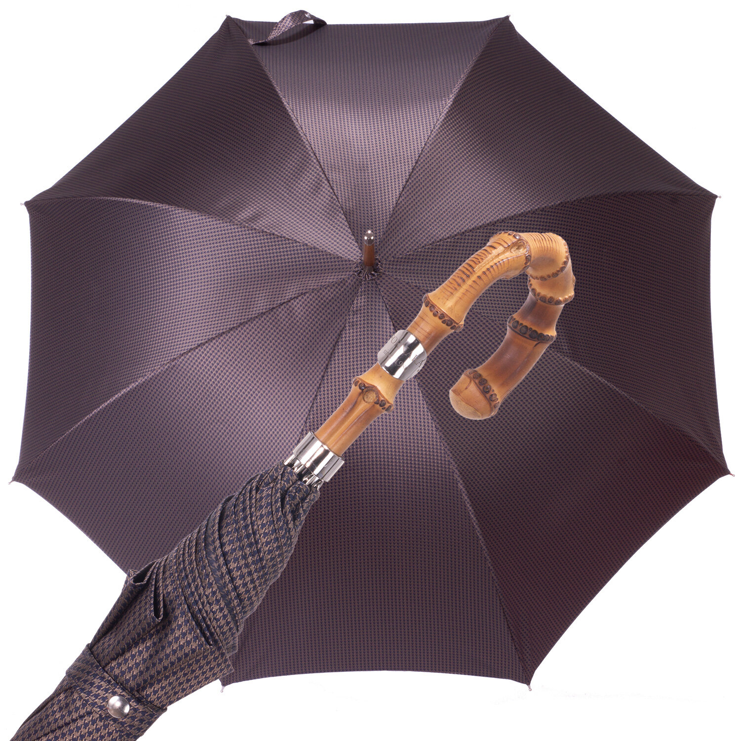 slim-umbrella- with-brown -houndstooth-and -bamboo-handle-9900v1