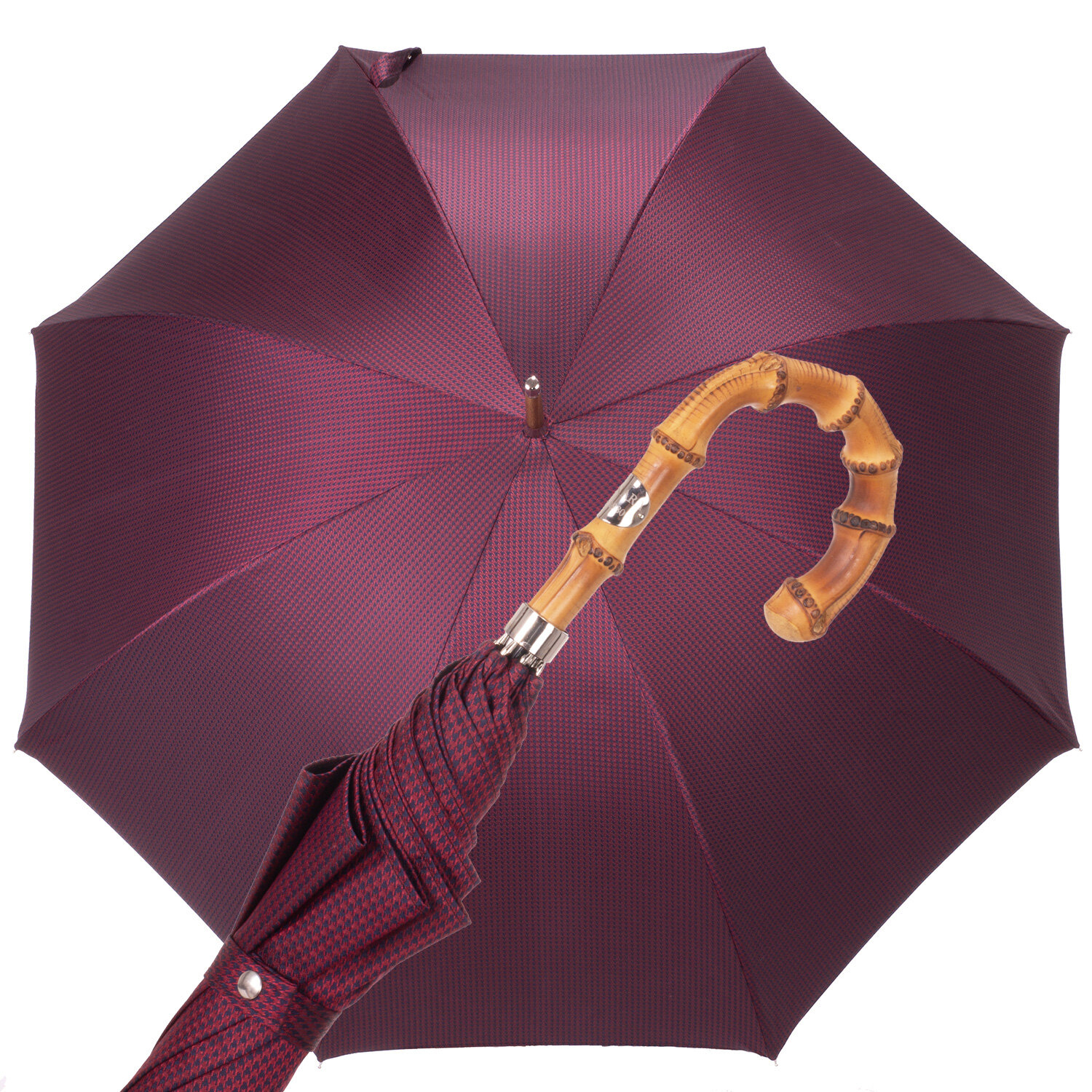 Slim umbrella with burgundy houndstooth and bamboo handle